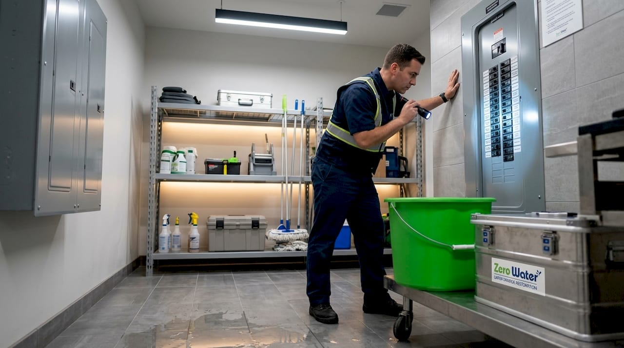 Engineer checks breakers near water leak
