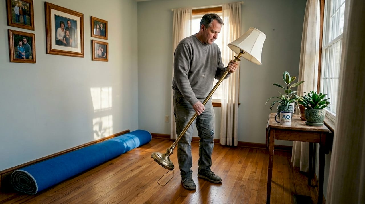 Homeowner clearing furniture from living room