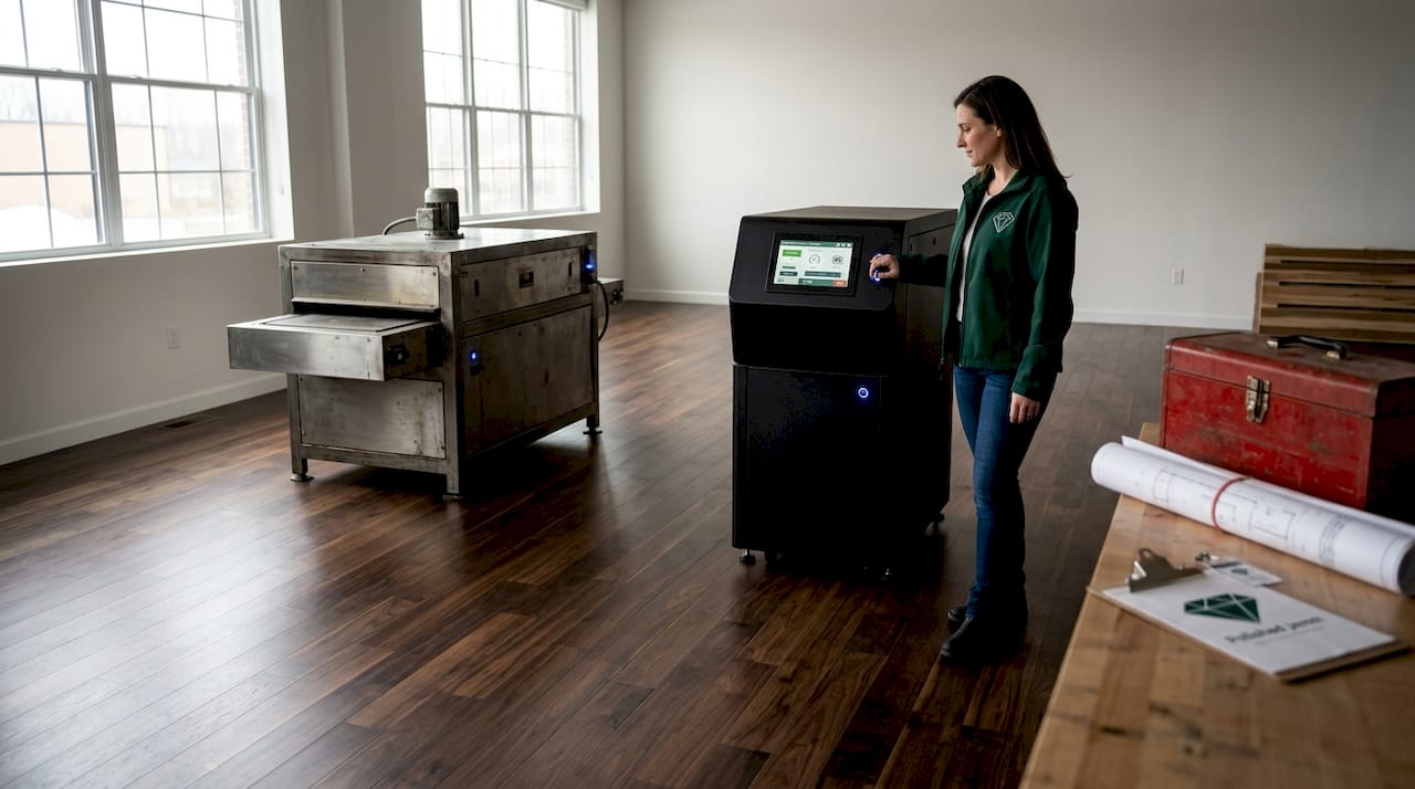 UV curing equipment on hardwood workshop floor