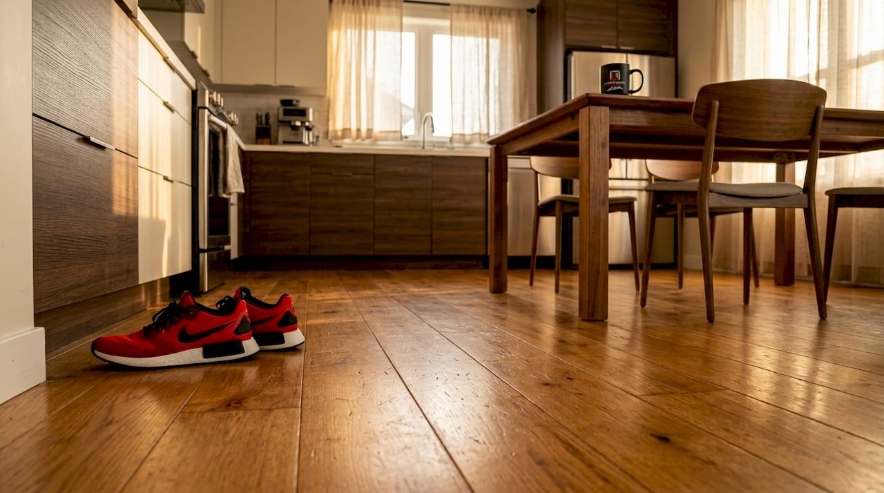 Polished hardwood floor with dining table