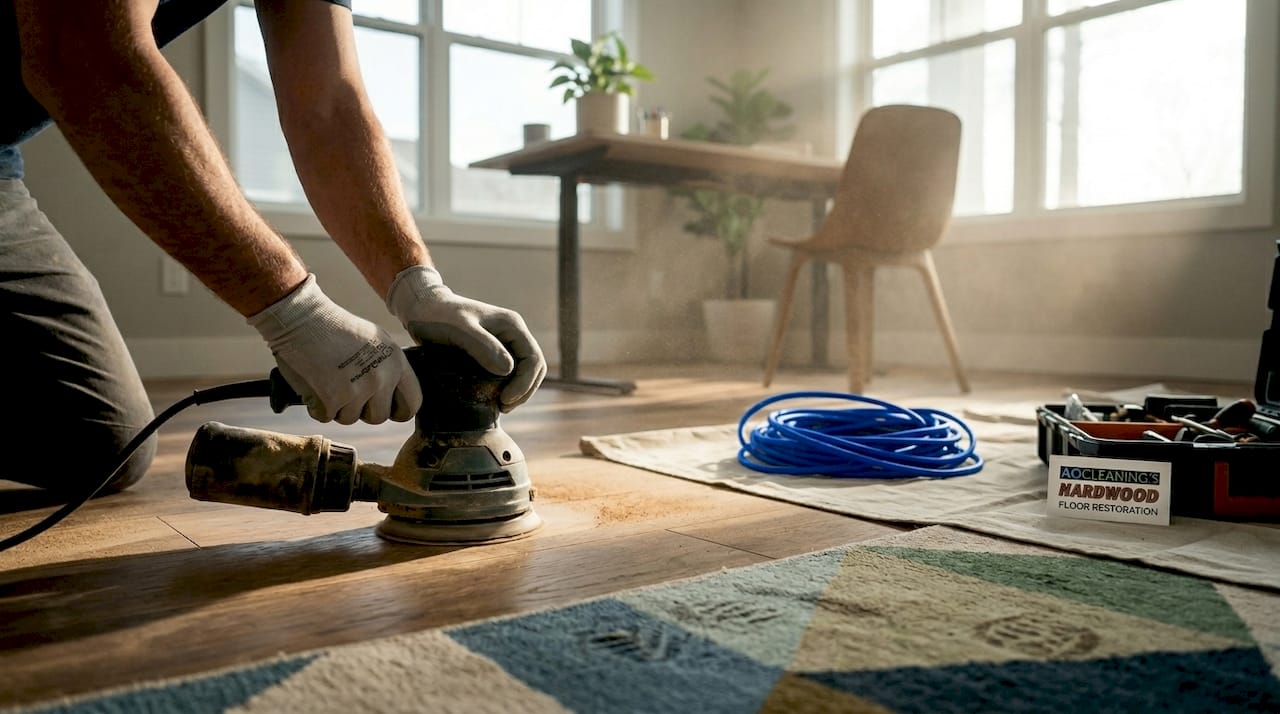 Orbital sander refinishing hardwood floor in living room