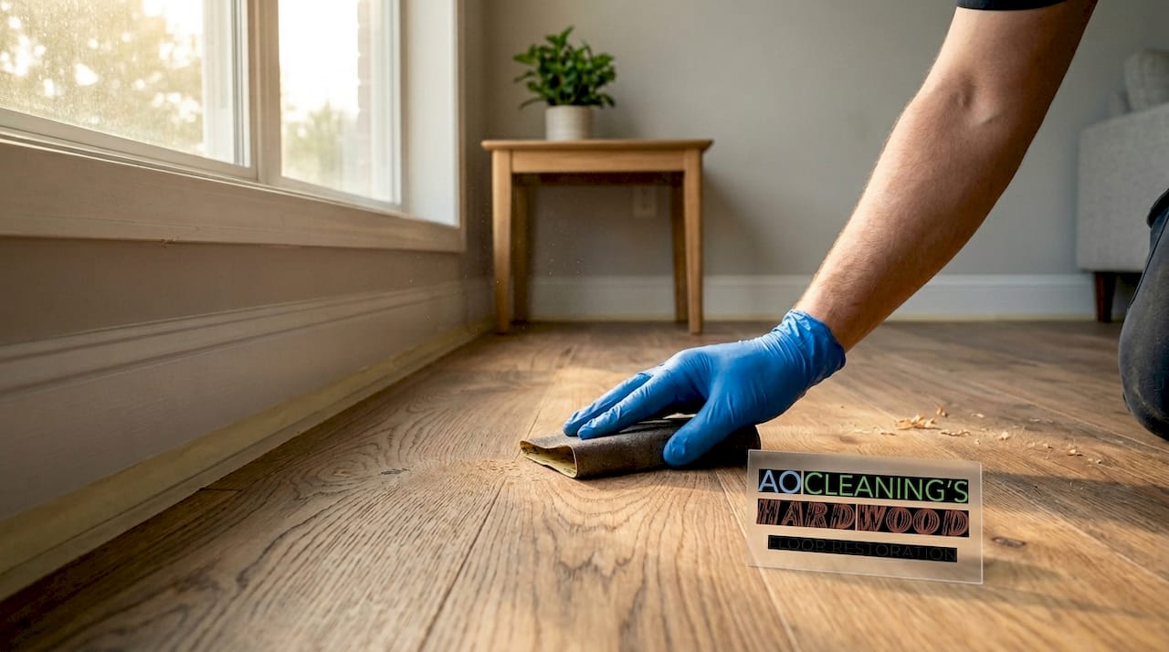 Close-up sanding engineered hardwood floor surface