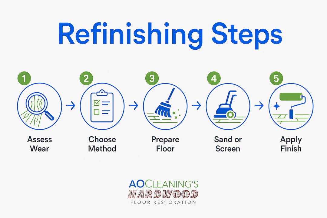Step-by-step engineered hardwood refinishing process infographic