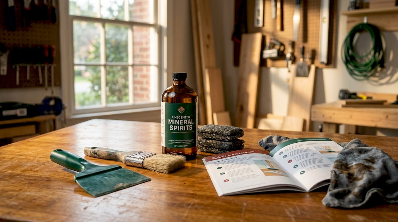 Hardwood floor wax removal tools neatly arranged
