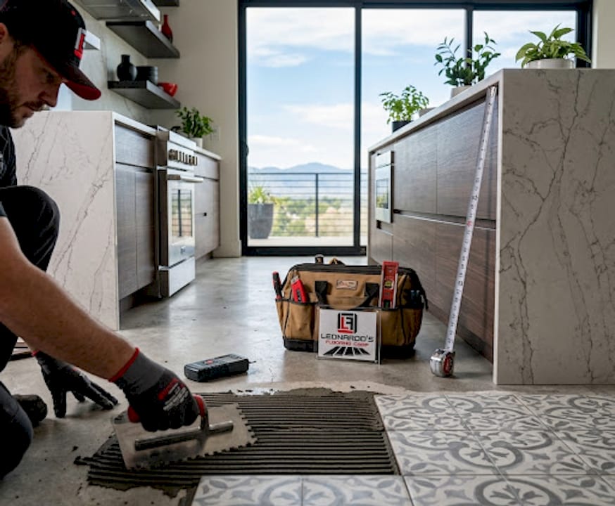 Hands applying mortar for ceramic tile flooring