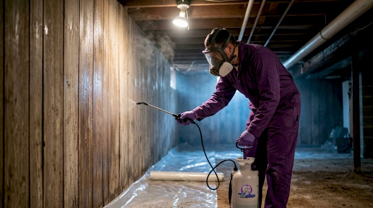 Technician spraying mold treatment in crawlspace