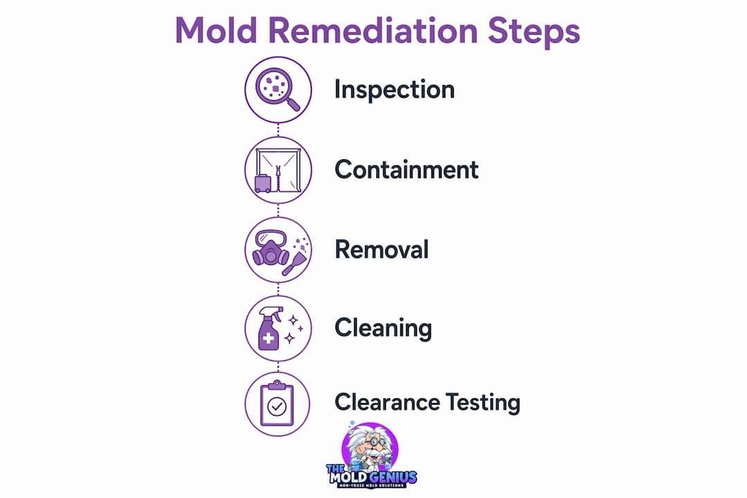 Infographic showing five key mold remediation steps