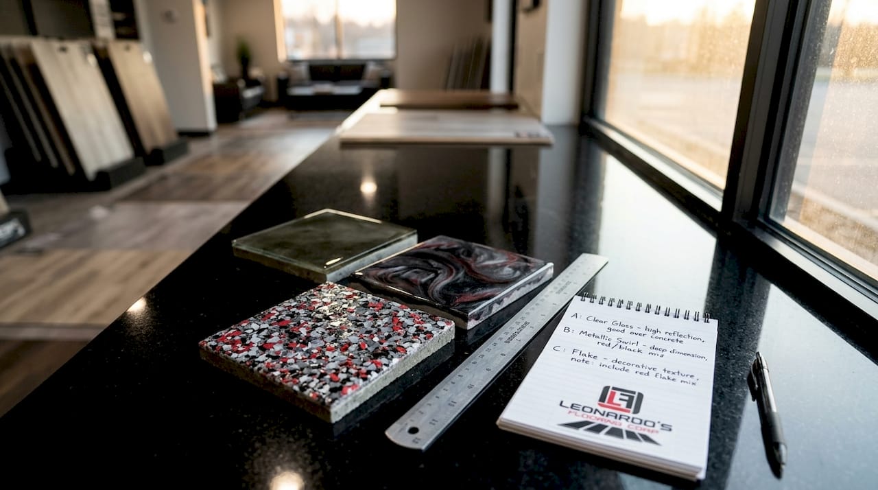 Various epoxy floor finish samples on table