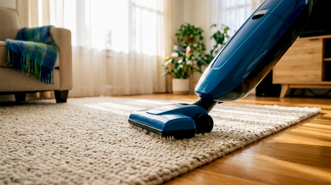 Close-up of vacuum cleaning wool carpet fibers