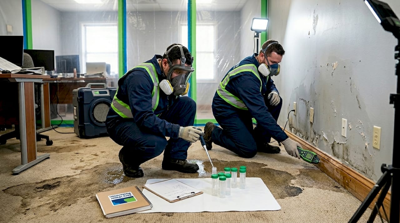 Technicians conducting health risk assessment in water damaged office