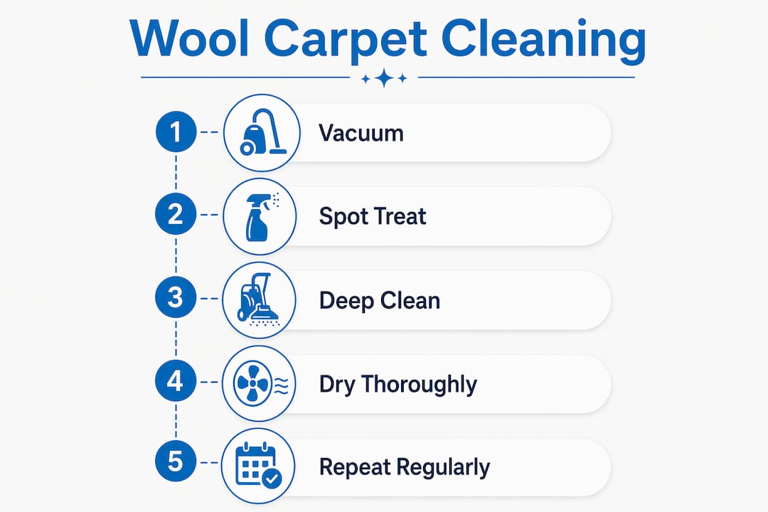 Infographic showing wool carpet cleaning step stages