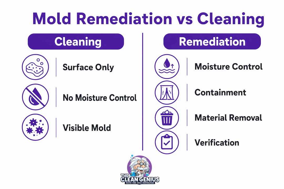Infographic comparing mold remediation and cleaning