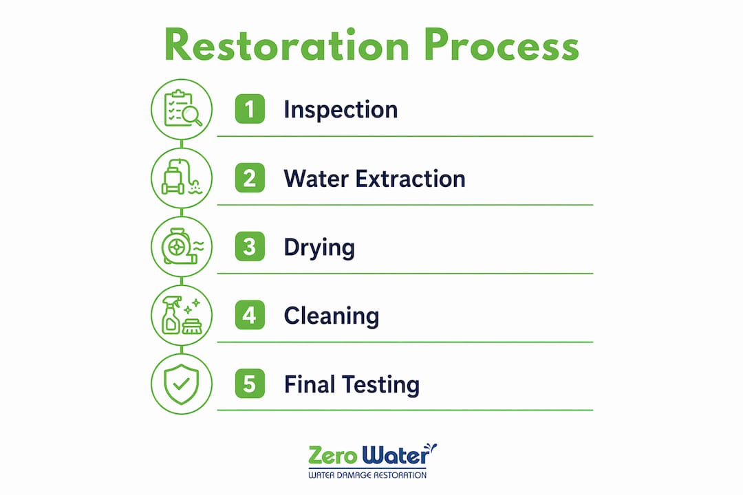 Infographic illustrating five step water damage restoration process
