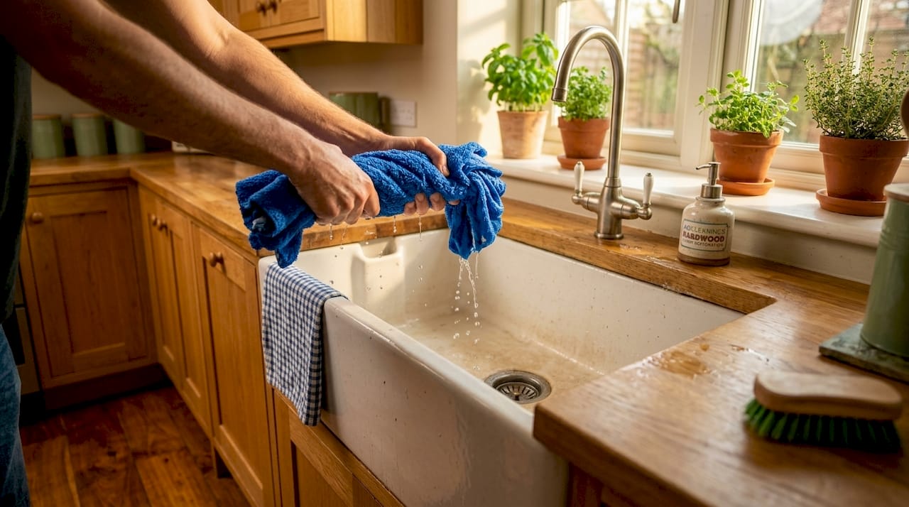 Hands wringing microfiber mop over sink