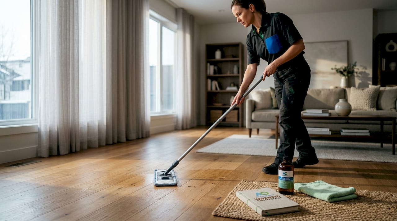 Person drying hardwood floor after cleaning