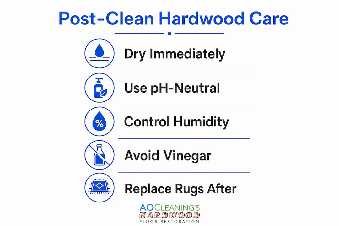 Infographic showing key steps for hardwood floor maintenance after cleaning