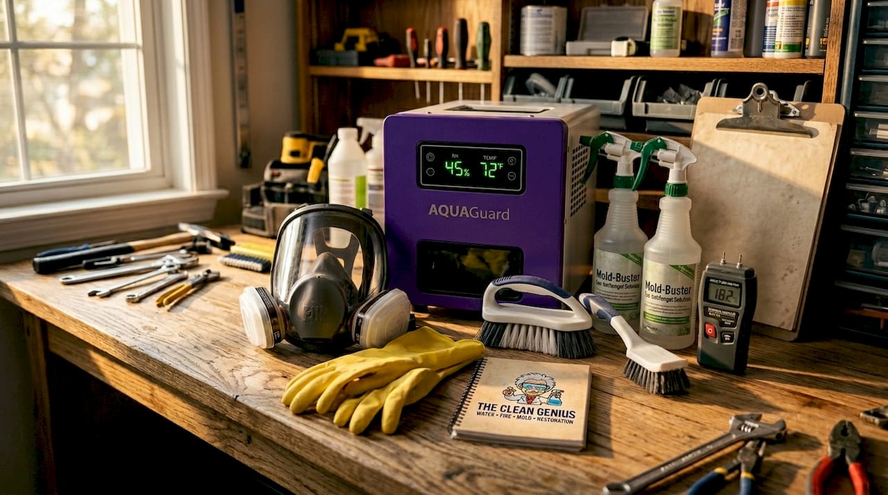 Mold removal safety gear and tools on bench