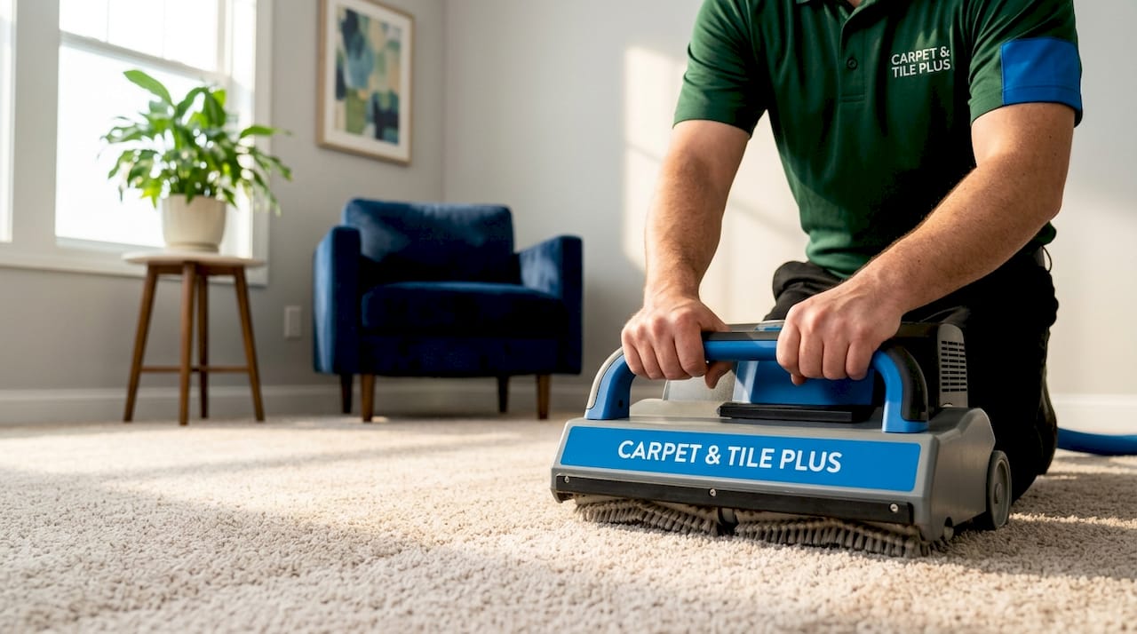 Cleaner agitating carpet fibers with equipment