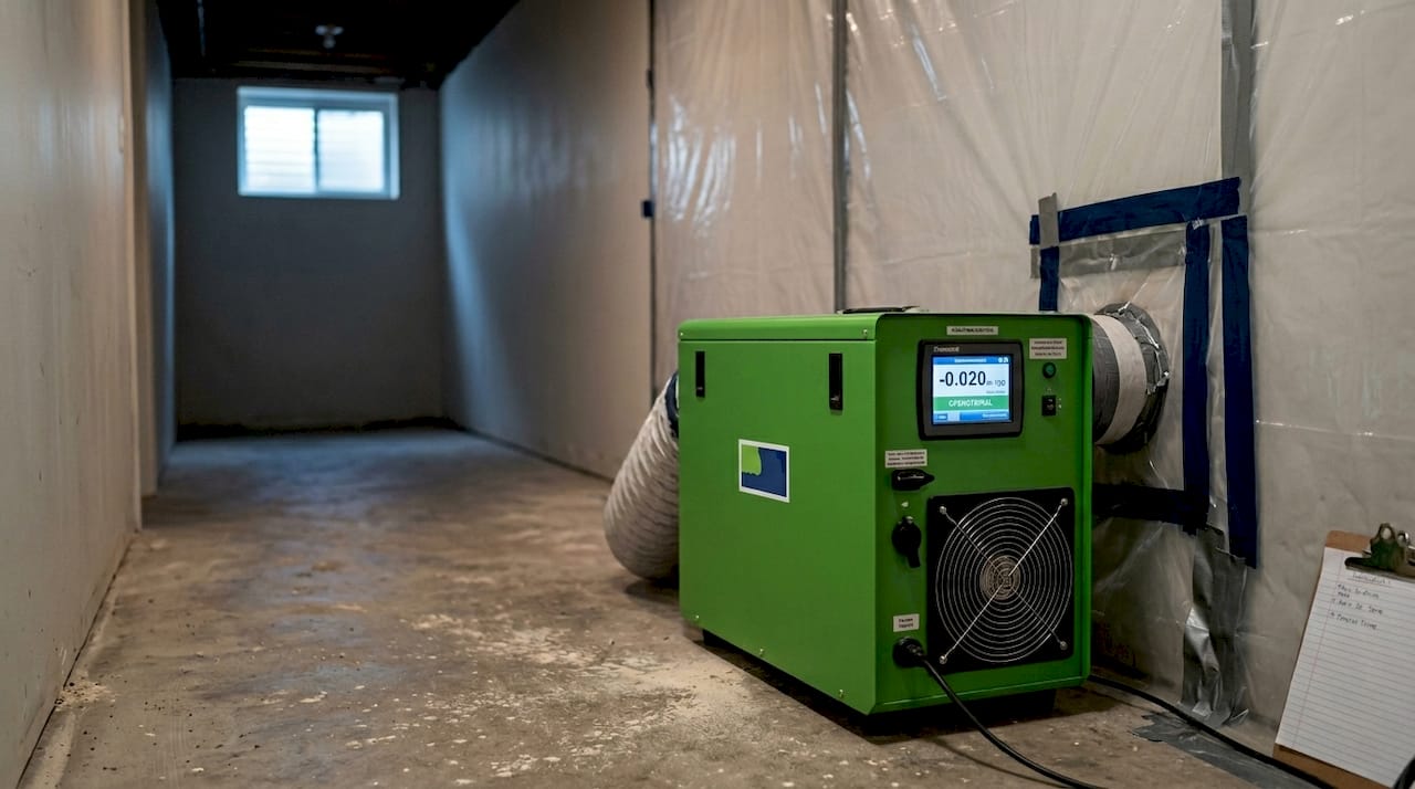Negative air machine with manometer in mold containment