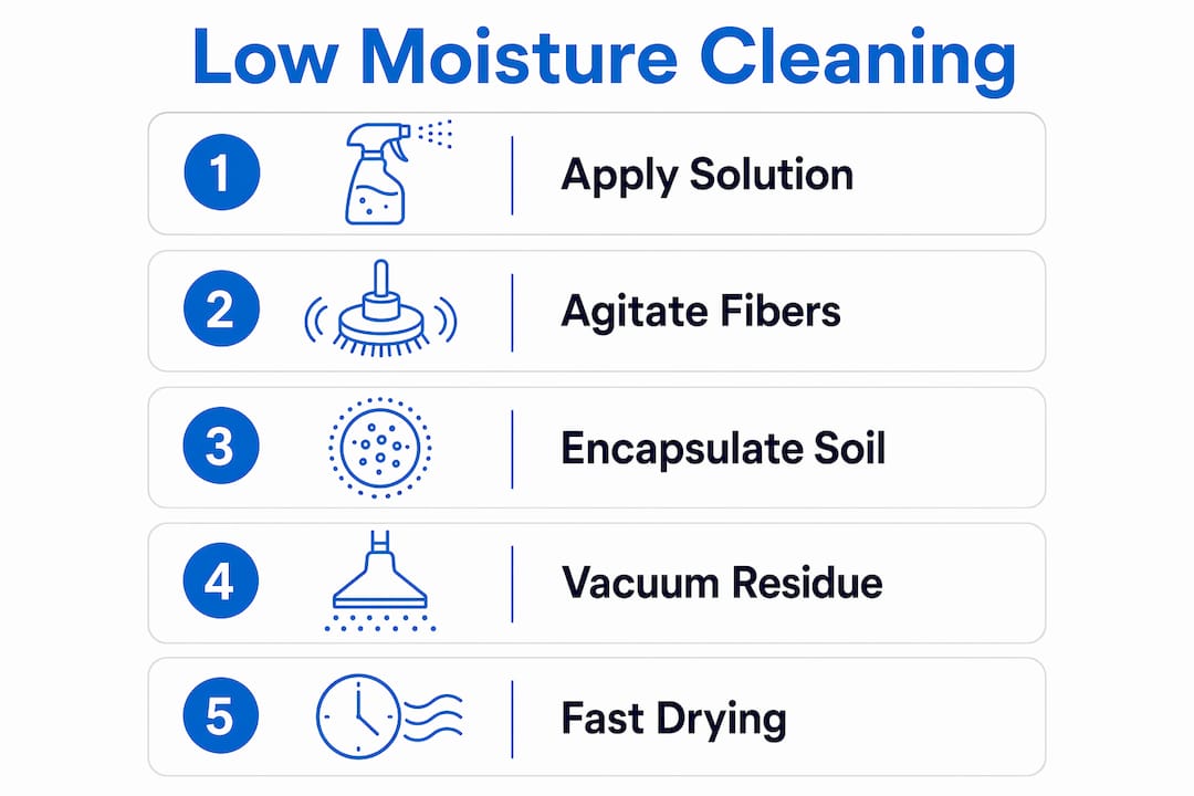 Infographic illustrating steps of low moisture carpet cleaning