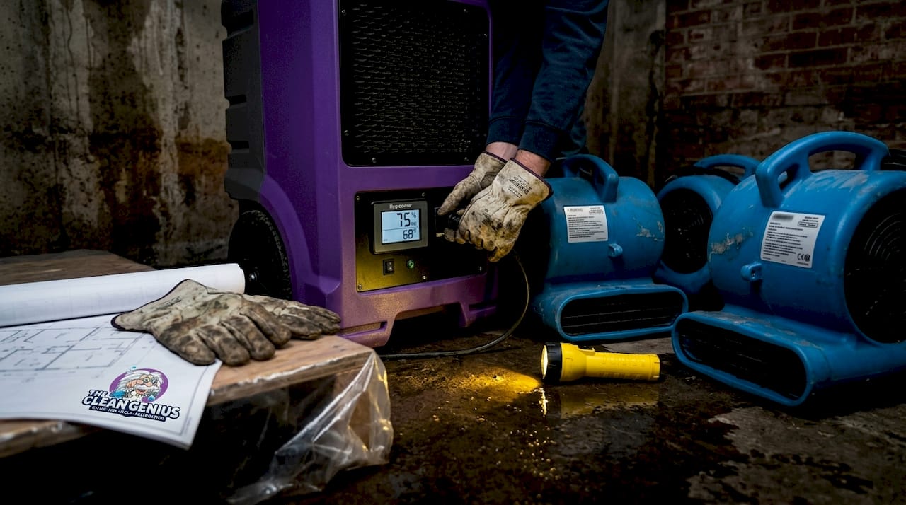 Hands setting up water drying equipment in basement