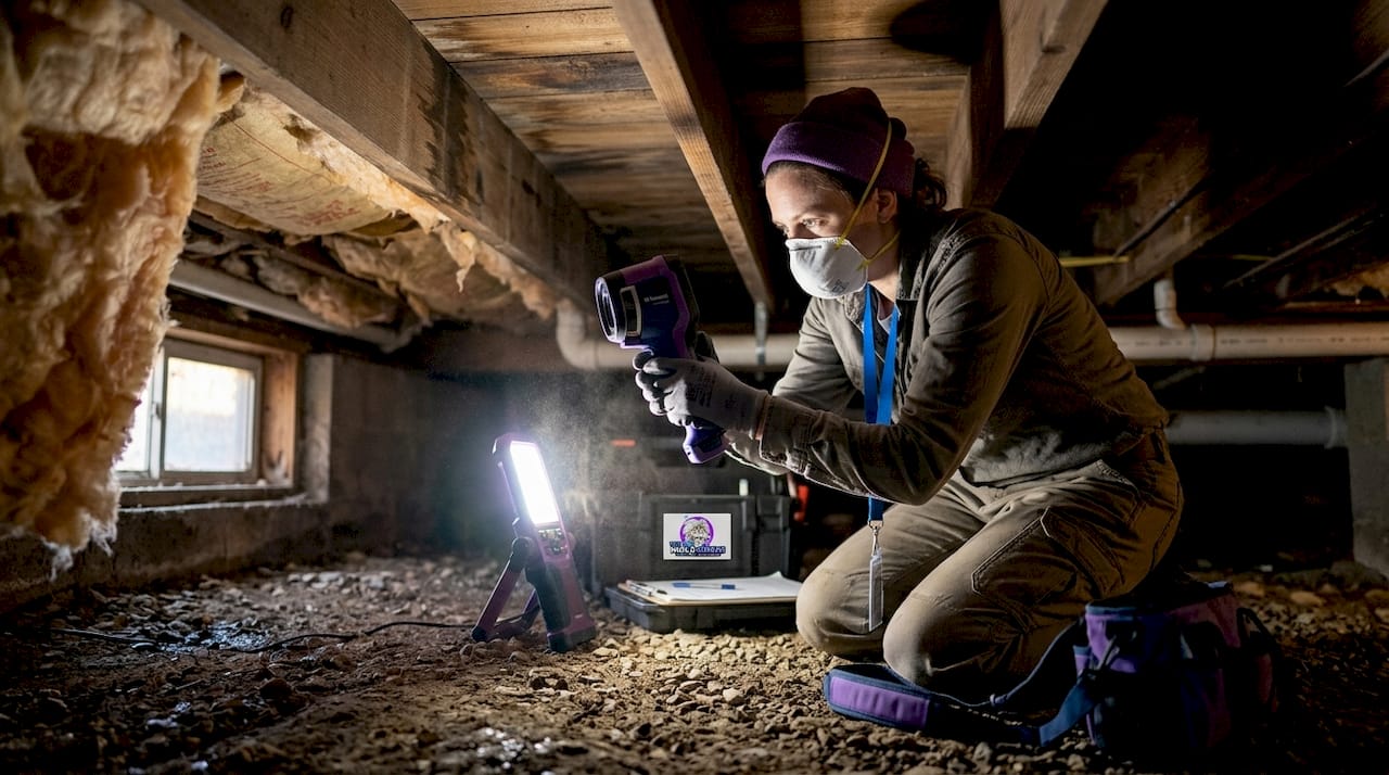 Inspector examining attic mold presence