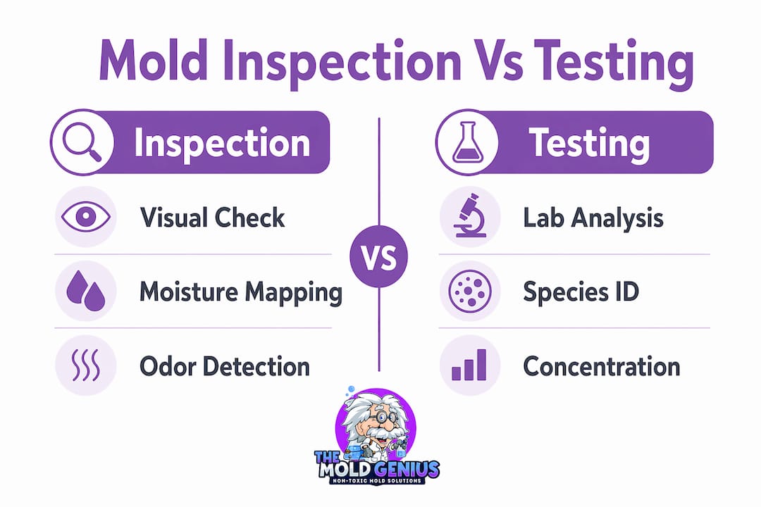 Infographic comparing mold inspection and mold testing