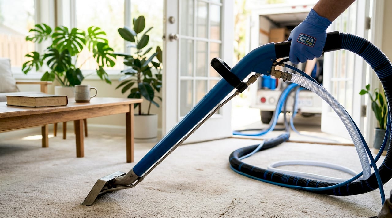 Carpet cleaning wand connected to hoses inside home