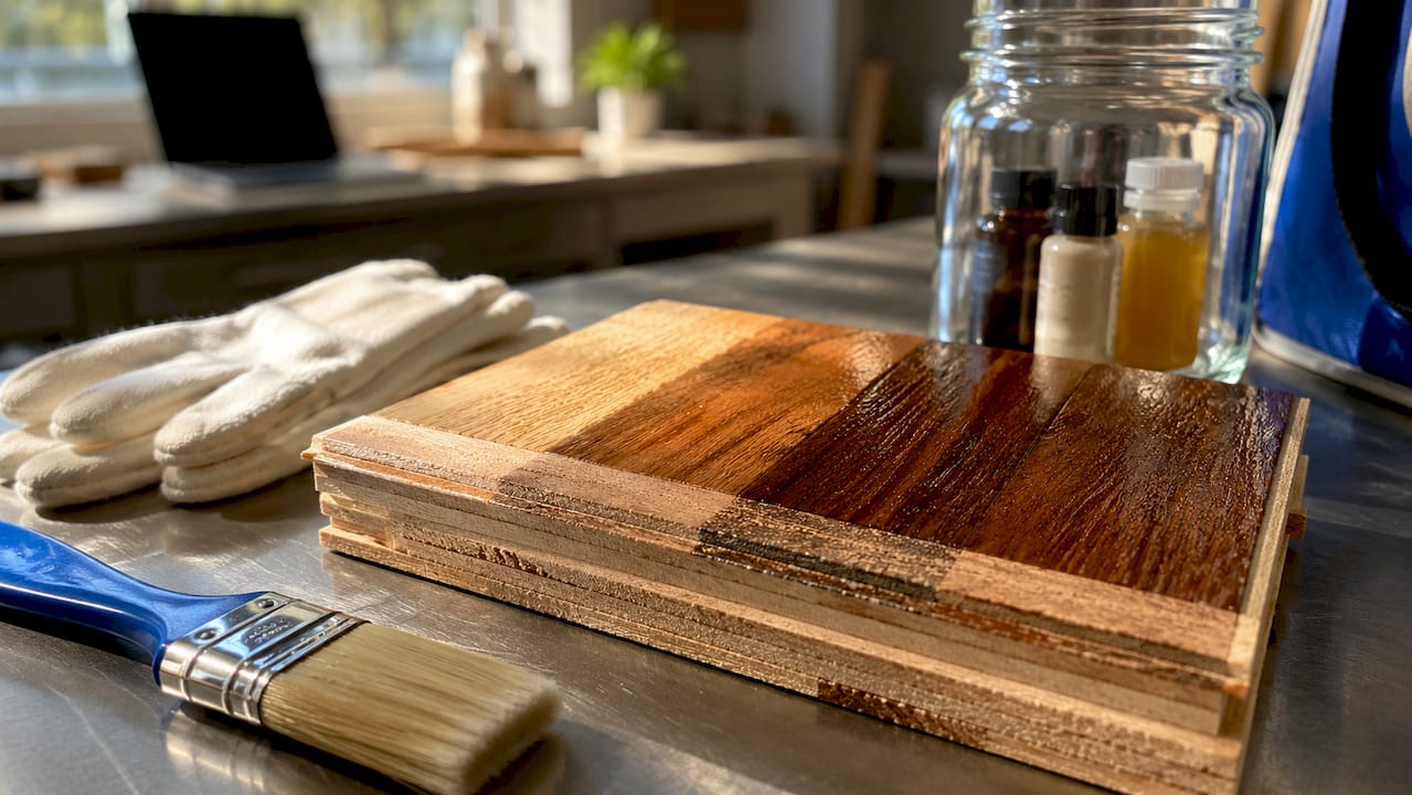 Close-up layered hardwood floor staining model