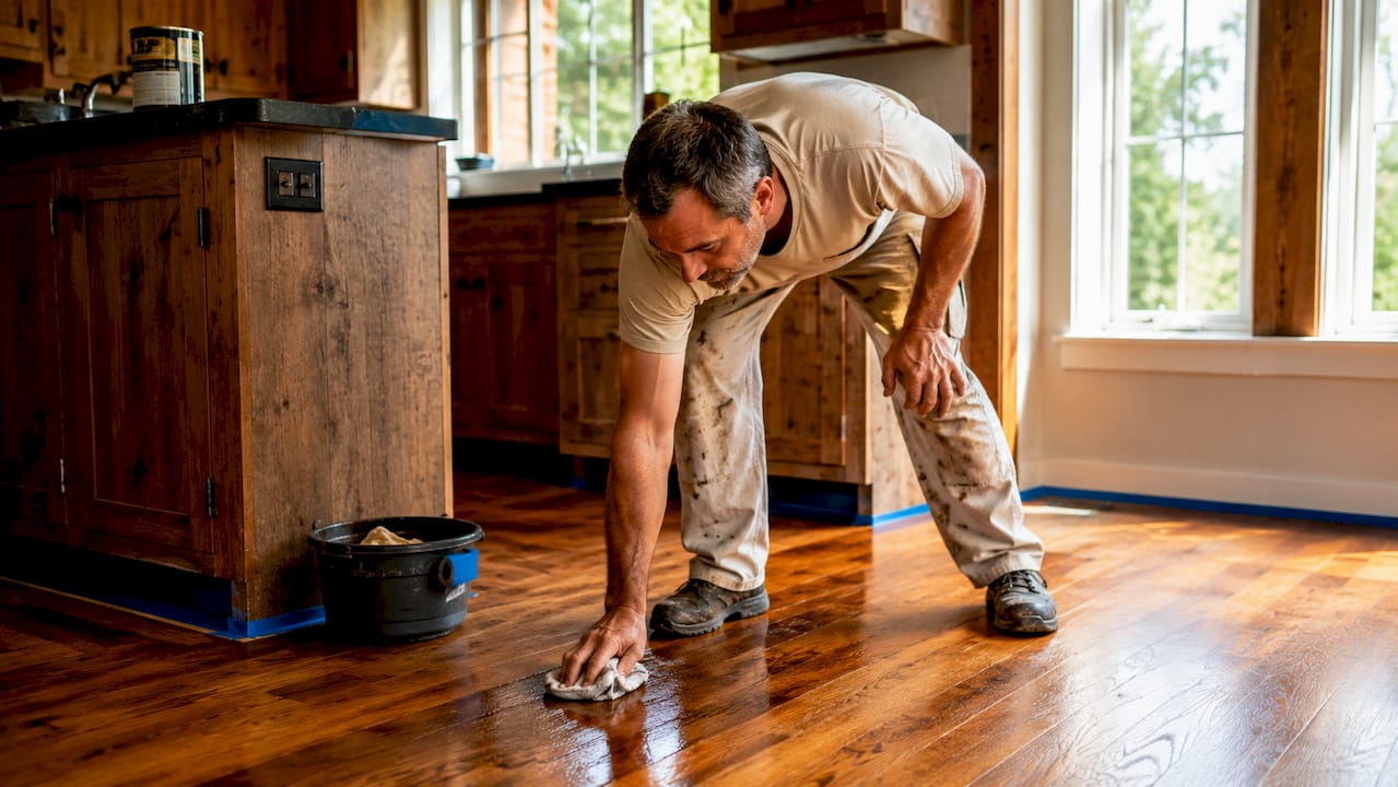 Person applying stain to hardwood floor