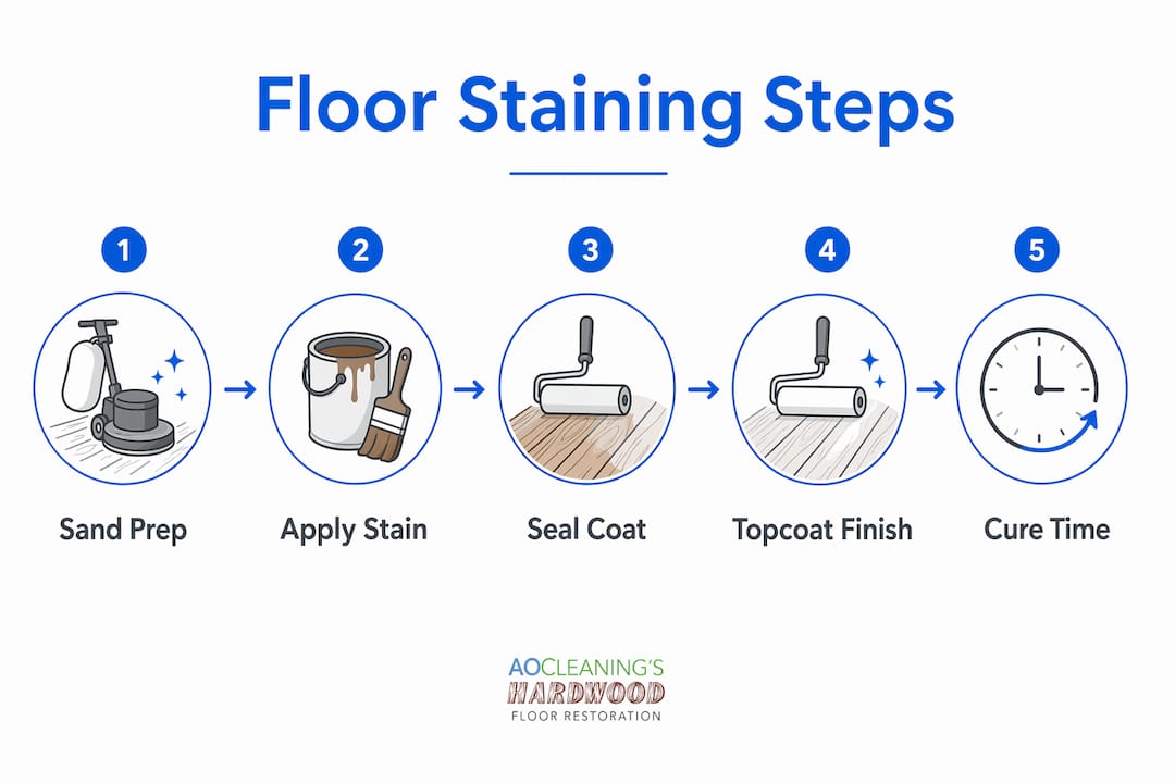 Step-by-step hardwood floor staining infographic