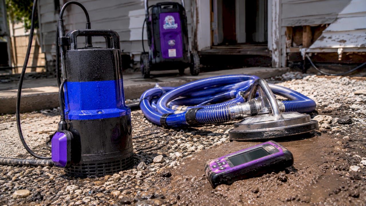 Water extraction tools on basement floor