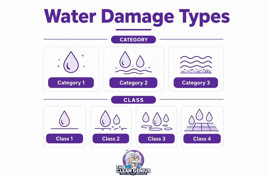 Infographic showing water damage categories and classes in clear steps