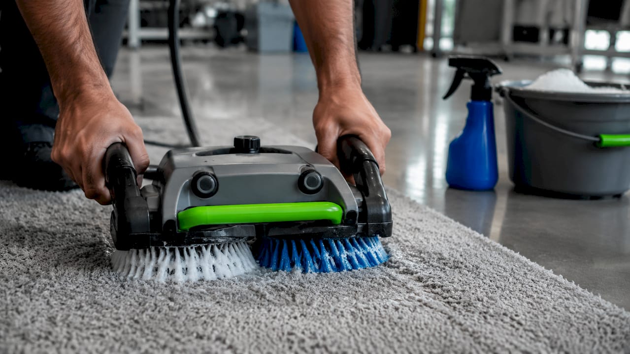 Hands using counter-rotating brush on carpet
