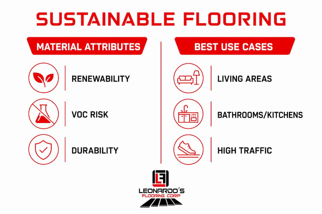 Infographic comparing sustainable flooring materials and uses