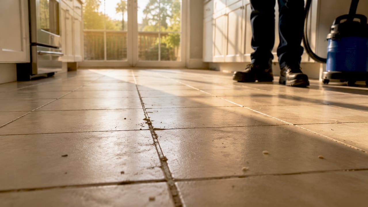 Close-up of worn and stained grout on floor tiles