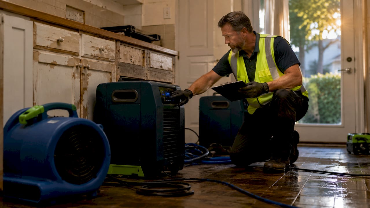 Technician inspecting restoration drying equipment