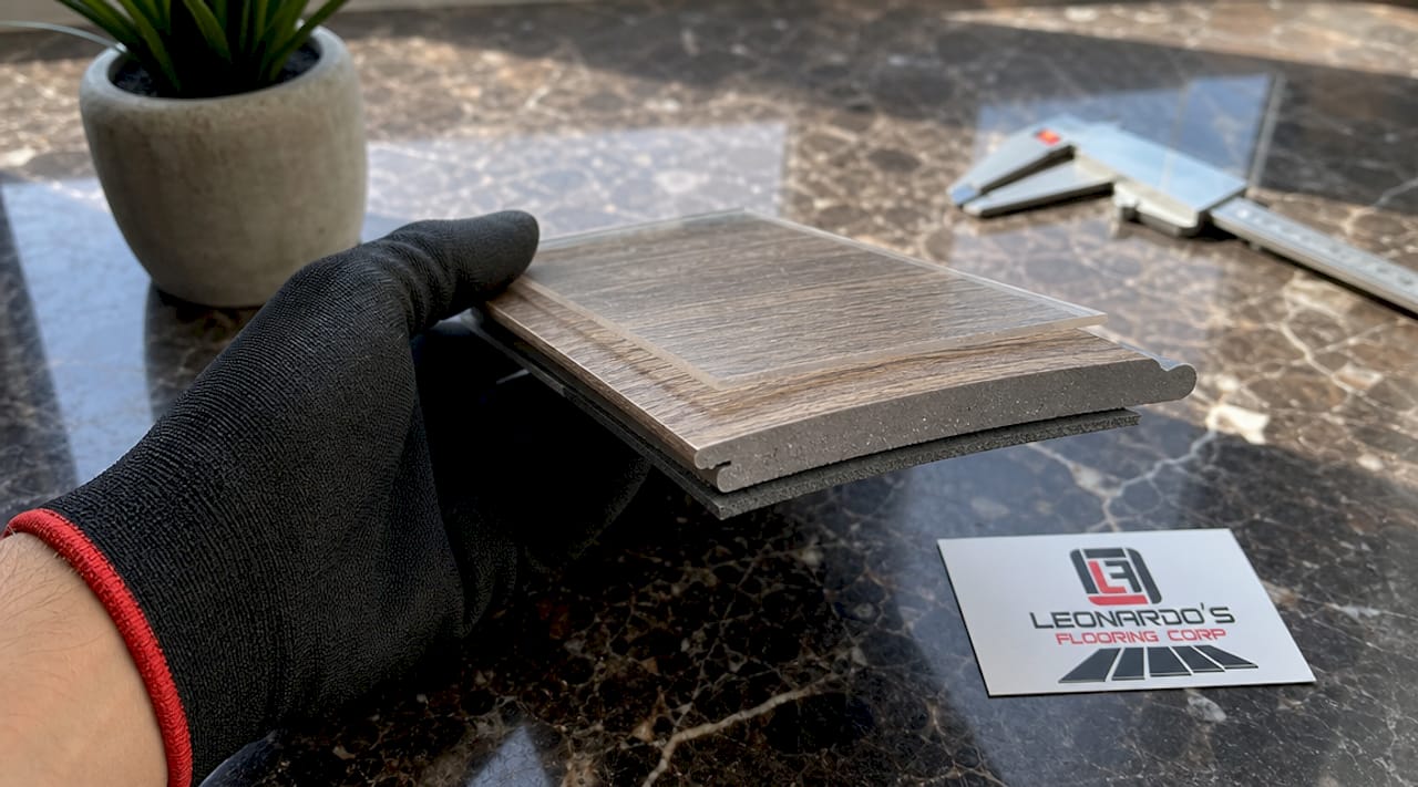 Close-up cross-section of luxury vinyl flooring layers