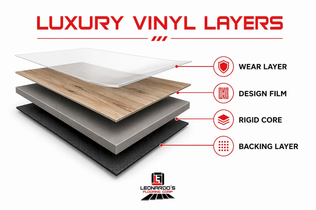 Infographic illustrating layers of luxury vinyl flooring