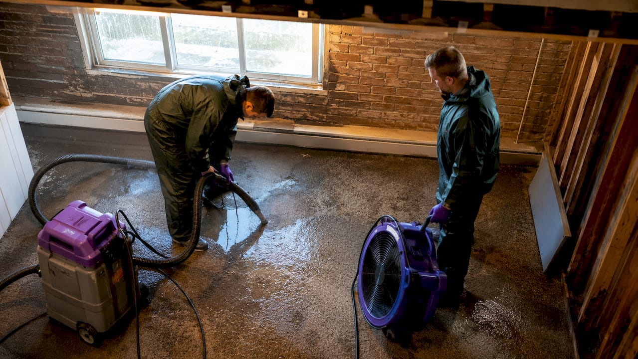 Technicians extracting water from basement carpet