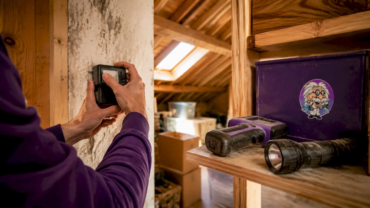 Hands using moisture meter on basement wall