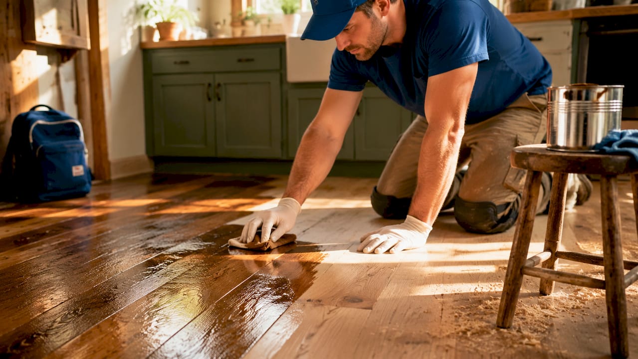 Hands applying natural oil finish on hardwood planks