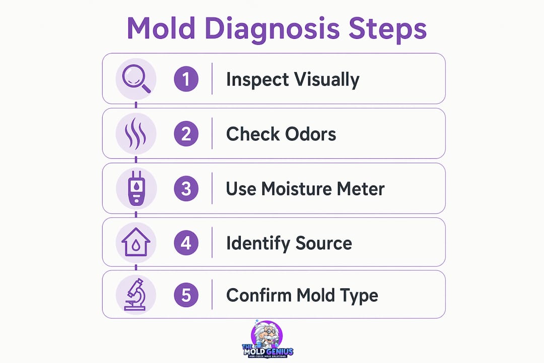 Infographic showing sequential mold diagnosis steps