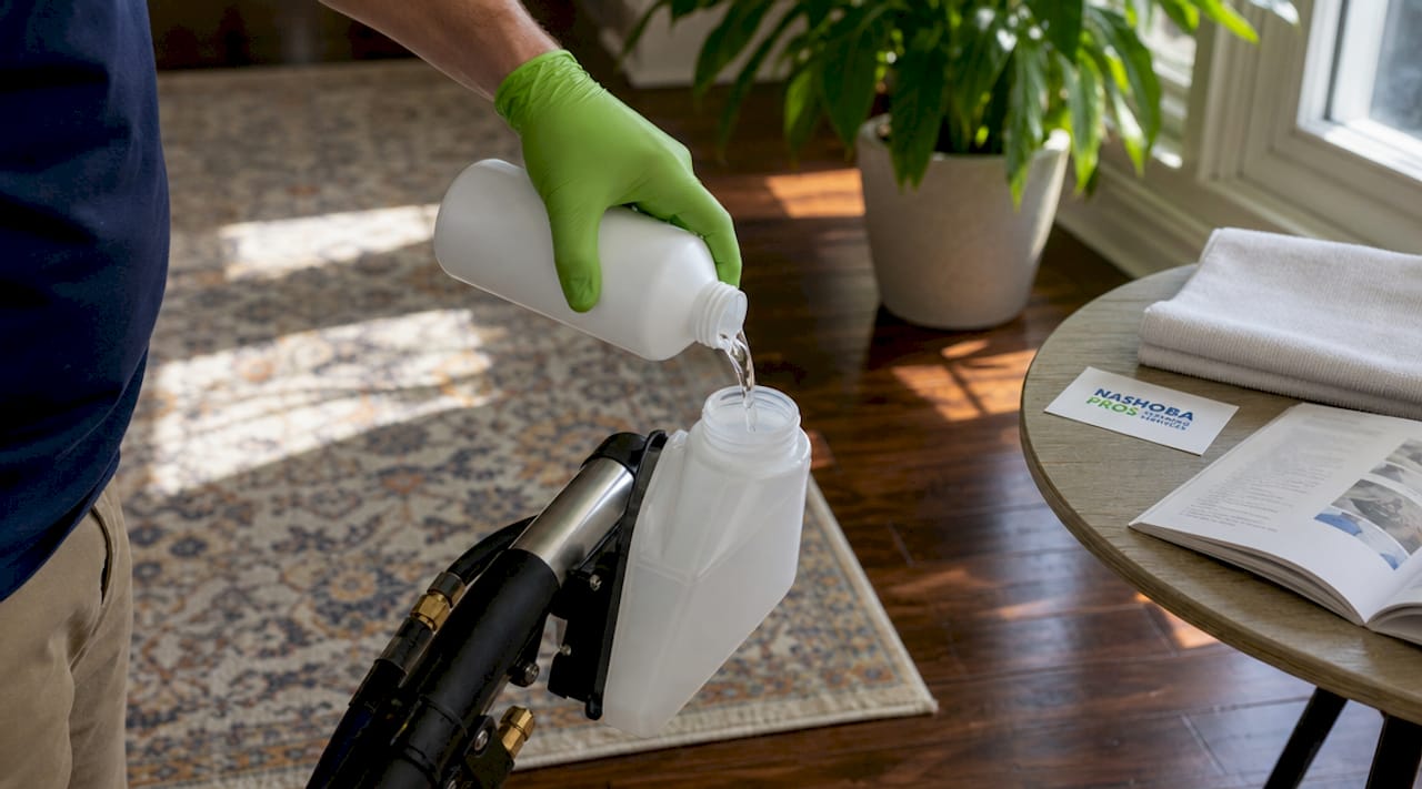 Close-up of hand filling carpet cleaning detergent