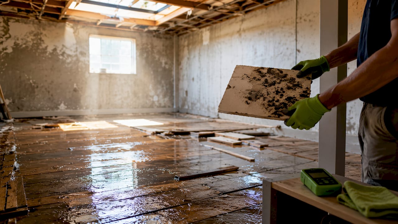 Close-up of water-damaged structural materials with mold
