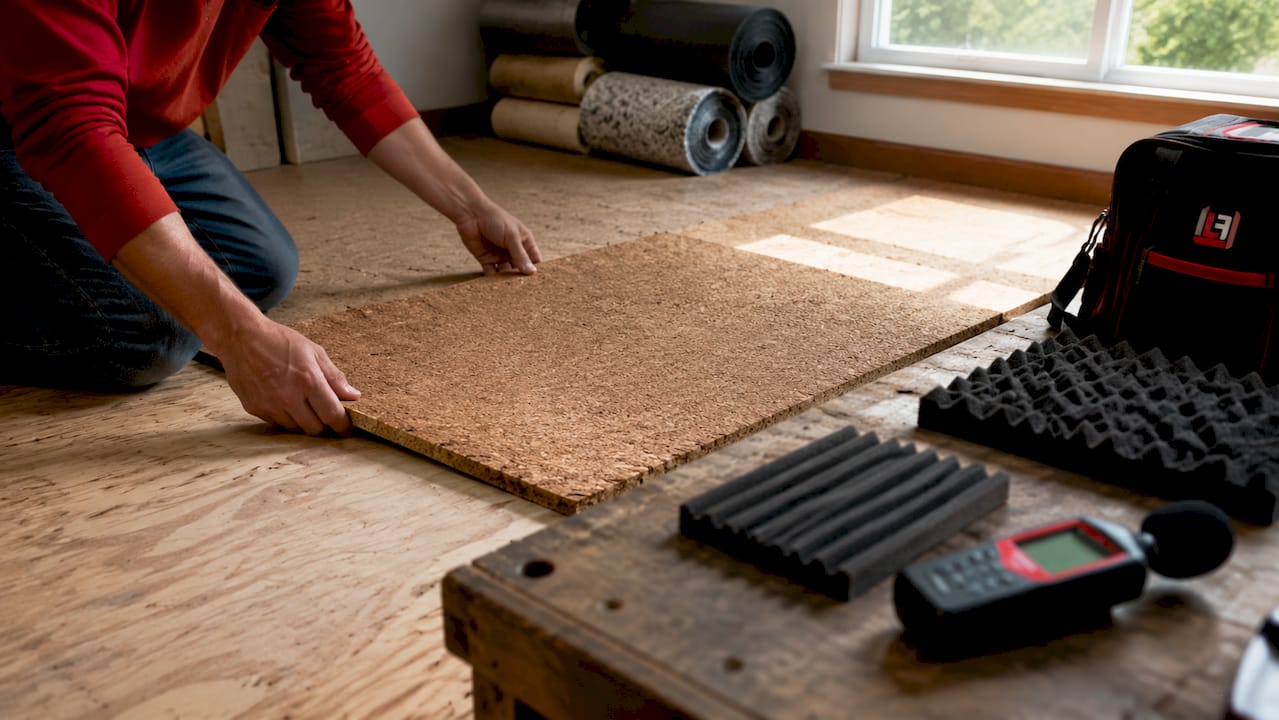 Hands placing cork underlayment for soundproof floor