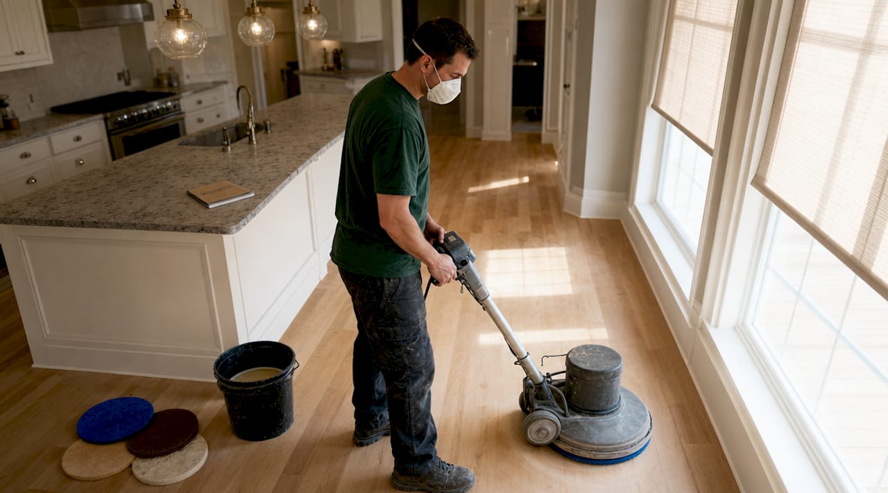 Technician buffing hardwood floor