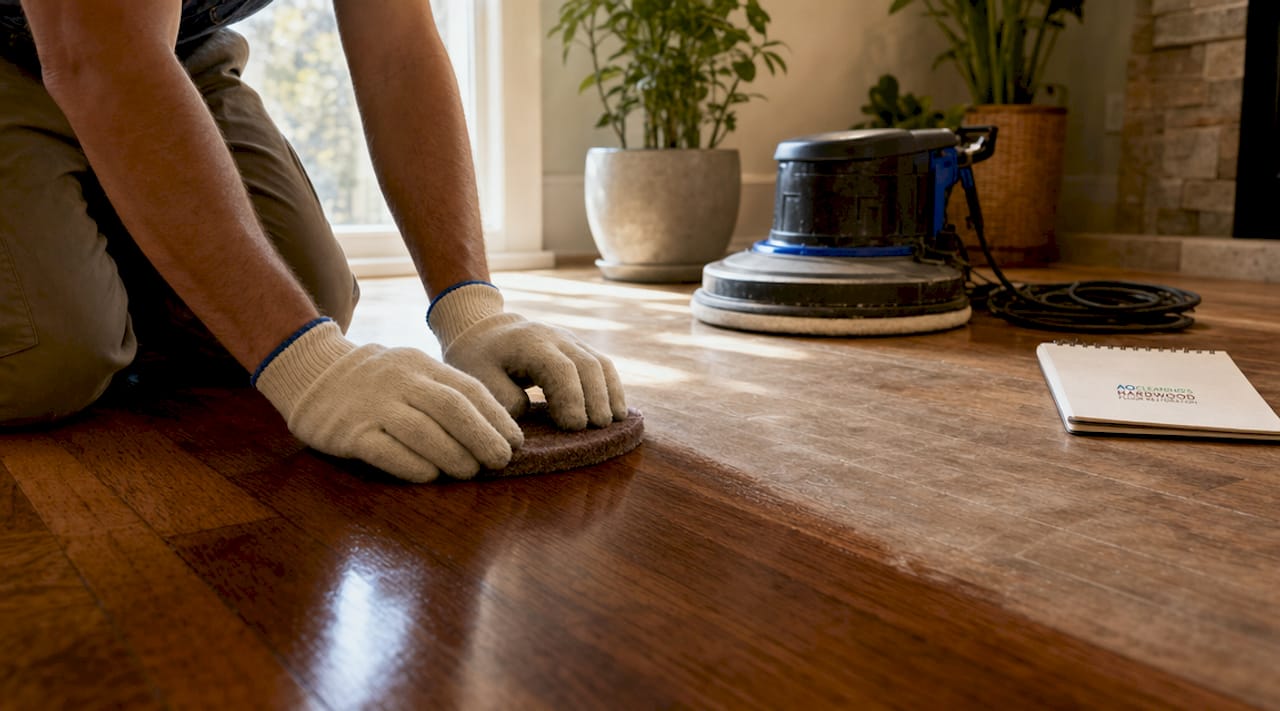 Homeowner hands with buffing pad on hardwood