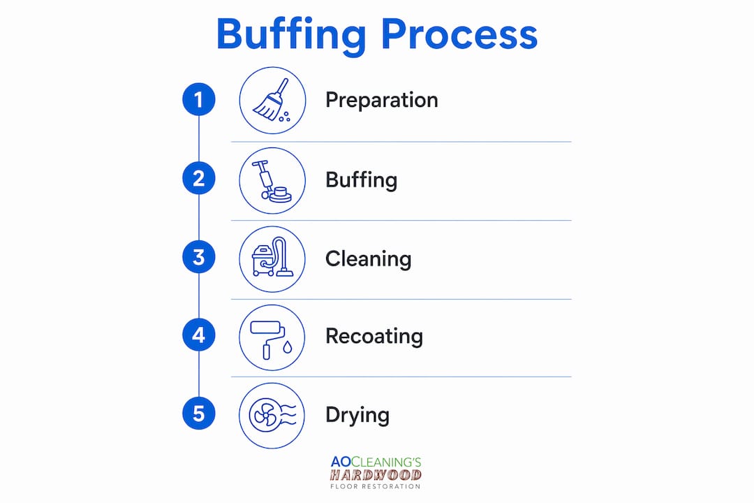 Infographic showing hardwood floor buffing steps