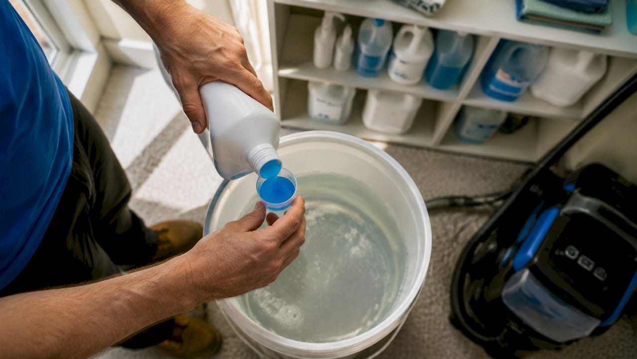 Hands measuring carpet cleaning concentrate in utility room